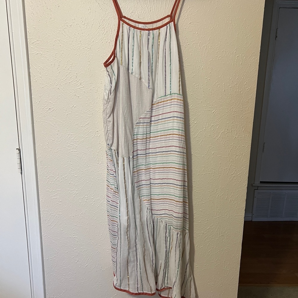 Anthropologie Akemi+Kin “Deana” Striped Ivory Midi Dress with Rust Trim
